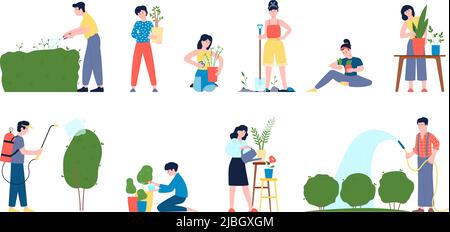 People planting home and garden plants. Ecology volunteer care greenery, recreative and transplanting greens and bush. Agriculture hobby recent vector Stock Vector