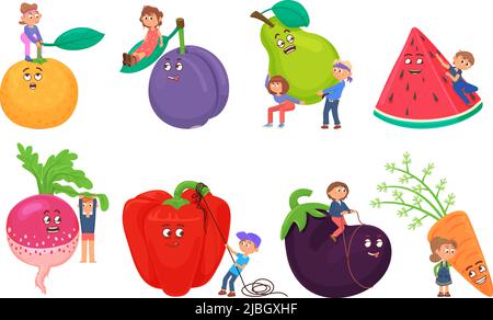 Kids and vegan food. Cartoon vegetables characters play with kids. Fresh healthy meal, veggies and nutrition. Cute child hold carrot, apple, decent Stock Vector