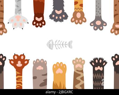 Pet paws. Pets foot, cat tiger paw and fish skeleton. Animals footprint banner, kitten dogs feet. Cartoon legs classy vector seamless pattern, border Stock Vector