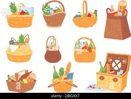 Picnic food basket. Fruits and water for romantic date or friends party on nature. Cartoon wicker hampers collection, wood summer camp box classy Stock Vector
