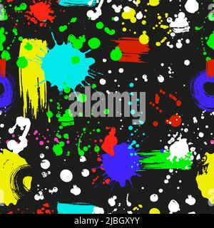 Brush paint blobs seamless pattern. Graffiti texture, grunge urban design vector background. Dirty modern neon colors print Stock Vector