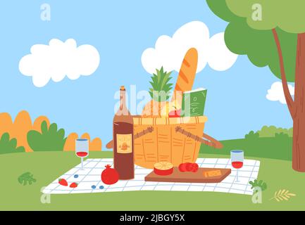 Picnic in garden. Wicker basket with food on blanket and bottle of wine. Patio or backyard summer party. Flat outdoor fun romantic dinner classy Stock Vector