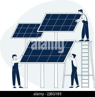 Solar panels. Sun power using, alternative energy systems. Electrician workers, modern green electricity elements. Eco city, save environment recent Stock Vector