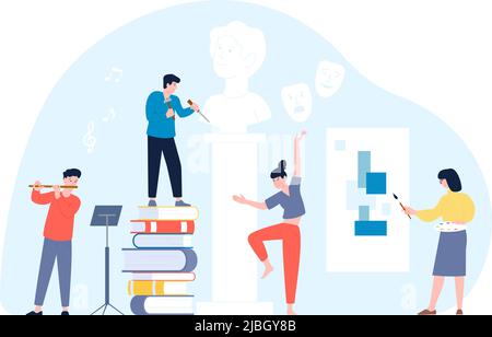 Art people create process. Adults relaxing on workshop and hobby. Painting, sculpting and theater. Artist and creator, creative projects recent vector Stock Vector
