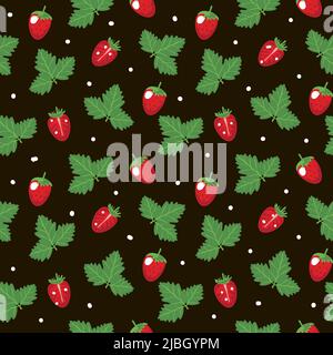 Seamless strawberry pattern, summer vector illustration in cartoon style. Strawberries whole and halves. Leaves of the plant. Bright summer pattern on Stock Vector