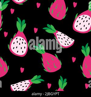 Seamless pattern of pitaya and abstract hearts, summer vector illustration in cartoon style. Pythaya whole, half and quarter. Bright summer pattern on Stock Vector