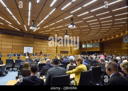 Vienna. 6th June, 2022. Photo taken on June 6, 2022 shows the scene of a meeting of the International Atomic Energy Agency (IAEA) Board of Governors held in Vienna, Austria. TO GO WITH 'China reiterates concern over AUKUS-related nuclear material transfer' Credit: Guo Chen/Xinhua/Alamy Live News Stock Photo