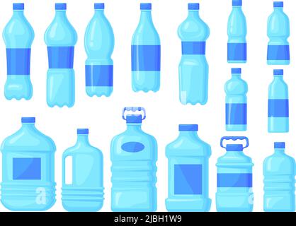 Distilled water bottles. Plastic big bottle with liter mineral bottled drinks for consumption store, blue lid distillation container, stock liquid, cartoon vector illustration. Mineral liquid drink Stock Vector