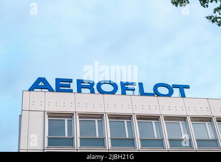 BERLIN, GERMANY - MAY 23, 2022: Russian Aeroflot Company Sign, With Copy Space Stock Photo
