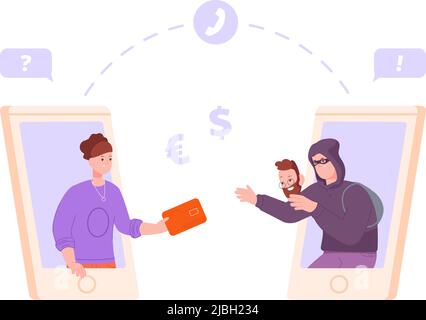 Phone bank scammer. Extortion money from credit debit card, protecting swindle attack on call or online banking app, financial fraud mask vector illustration. Scammer and phishing fraud, scam phone Stock Vector