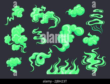 Toxic stench. Green vapors cloud, stink gas bad flavor breath, chemical smog poison fog smell smoke body fart poisoned aroma magic effect dirty dust neat vector illustration. Smell bad, smoke stench Stock Vector