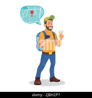 A male tourist with a phone in his hands uses electronic maps to find a location. Stock Vector