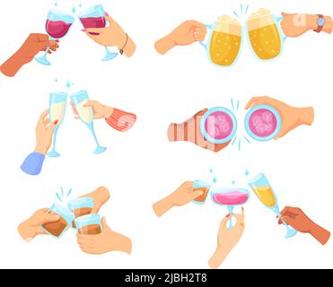 Hands cheers cup drinks. Company enjoying alcohol cocktail hand cup drink toast of cheerful friend picnic wine glass or champagne beer arms mug beverage, neat vector illustration. Hand drink together Stock Vector