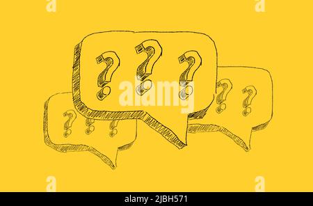 Hand drawn question marks in speech bubbles on yellow background. Ask for help. FAQ concept. Asking questions. Stock Photo
