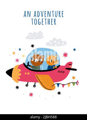 Animals pilots card. Airplane with cute passengers and aviator. Cartoon fox and bear characters fly on plane together. Creatures piloting air vehicle Stock Vector