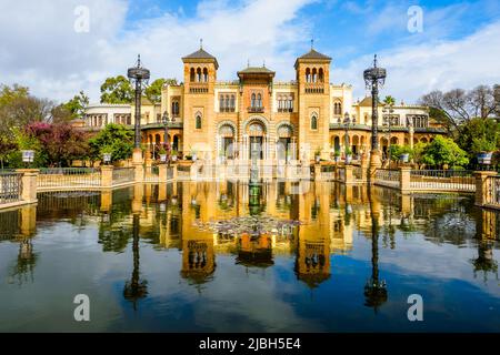 The Mudejar Pavilion designed by Anibal Gonzalez and built in 1914 houses the Museum of Arts and Popular Customs of Seville (Museo del Artes y Costumb Stock Photo