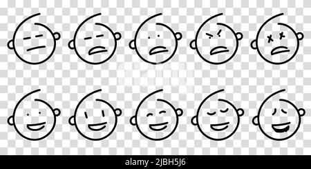 Set of outline emoticons face icon. Black line emoji on transparent isolated background. Vector illustration. Stock Vector