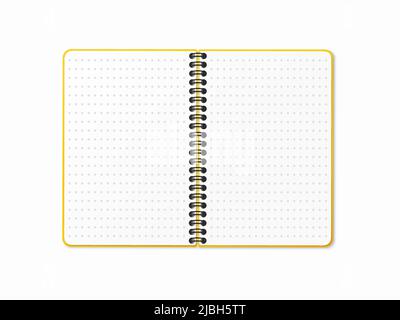 Yellow open notebook with vertical spiral. Blank dotted sheets. Vector illustration on a white isolated background. Realistic 3D mock up. Stock Vector