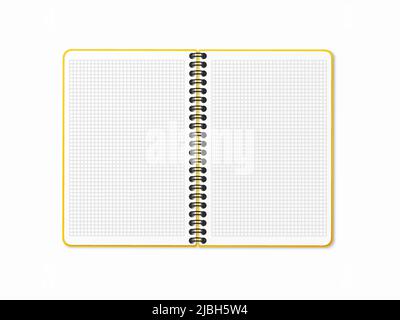 Yellow open notebook with vertical spiral. Blank sheets in a cage. Vector illustration on a white isolated background. Realistic 3D mock up. Stock Vector