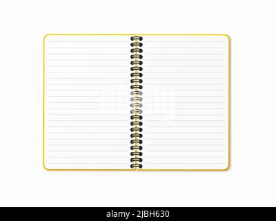 Yellow open notebook with vertical spiral. Blank sheets in a line. Vector illustration on a white isolated background. Realistic 3D mock up. Stock Vector