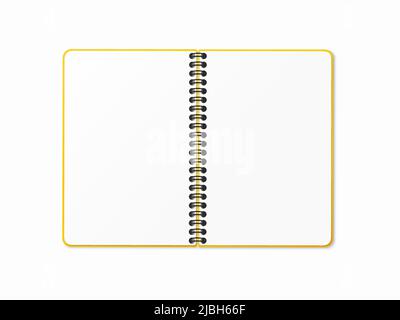 Yellow open notebook with vertical spiral. Empty blank sheets. Vector illustration on a white isolated background. Realistic 3D mock up. Stock Vector