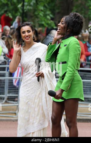 (L to R) Anita Rani Nazran better known as Anita Rani, is an English radio and television presenter. Onatejiro ' AJ ' Odudu is a British television presenter and appeared in Strictly Come Dancing. Both were on the Mall as part of the 2022 Platinum Jubilee Pageant in London. Stock Photo