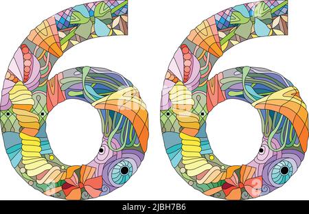 Six number Isolated zentangle illustration for coloring. Color and