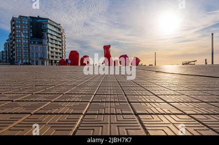 Waterfront promenade of Oostende (Ostend) at sunset, Belgium. Stock Photo