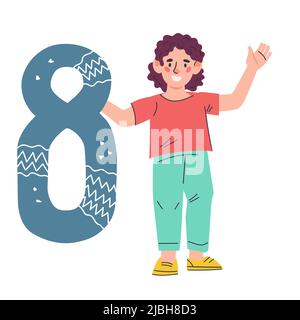 Child learning numbers, counting and mathematics. boy with number 8 in hands. Kids education and math classes, cartoon flat illustration isolated on b Stock Vector