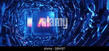 The concept of AI (artificial intelligence). deep learning. The development of artificial intelligence. Cube in the inscription AI in technological tu Stock Photo