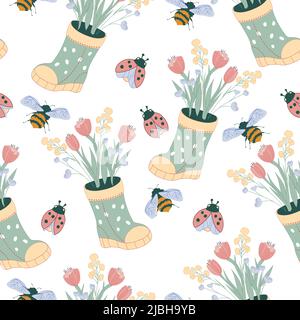 Seamless pattern for spring and summer with wellies boots, ladybug and flowers, vector illustration. Endless repeatable background for textile and pri Stock Vector