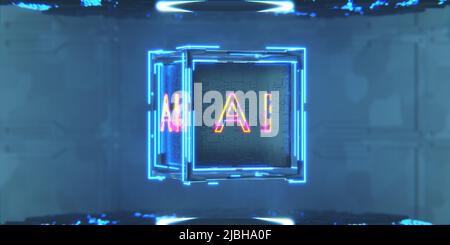 Cube in the inscription AI on a technological podium. The concept of AI (artificial intelligence). deep learning. The development of artificial intell Stock Photo