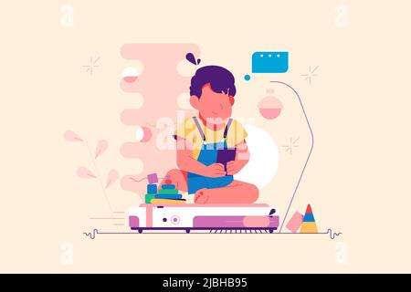 Little child playing on smartphone and riding on robot vacuum cleaner Stock Vector