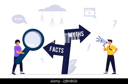 Myths and facts Information accuracy in flat tiny persons concept Businessman and directional sign of facts versus myths Verify rumors scene. Fake new Stock Vector