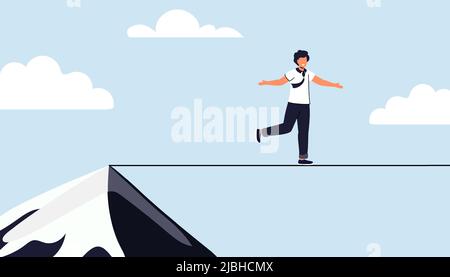 Taking risk concept for success Man walking on tight rope symbol vector illustration Business risk and challenge in career path Business project deadl Stock Vector