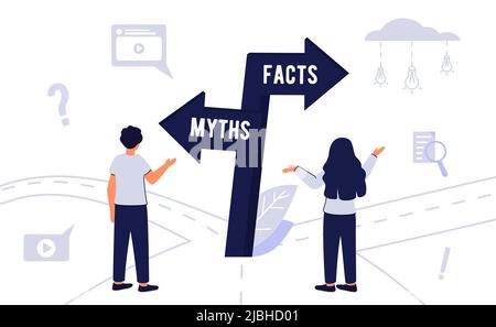 Myths and facts Information accuracy in flat tiny persons concept Businessman and directional sign of facts versus myths Verify rumors scene. Fake new Stock Vector