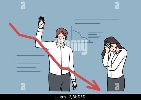 Depressed colleagues having financial problems at work. Unhappy stressed businesspeople draw declining graph experience bankruptcy and profits loss. Finance and banking. Vector illustration.  Stock Vector