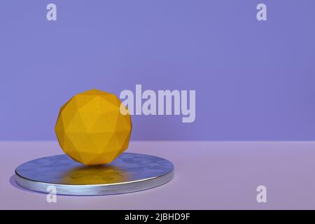 An abstract scene in the form of an icosphere on a metal podium on a blue background. Icosphere with a surface in the form of lemon peel. 3D render. Stock Photo