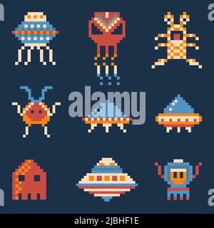 Pixel Art Arcade Game Invaders in Retro Style Stock Vector