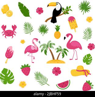 Summer elements. Tropical vacation photo booth props. Flamingo, ice cream and pineapple, leaves and cocktail, flower and smoothies vector set eps 10 Stock Vector