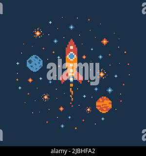 8 bit Pixel Art Rocket in Outer Space Stock Vector