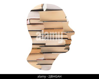 Bookworm, avid reader. Man head with books isolated on white background. Smart person devoted to reading, education, study. High quality photo Stock Photo