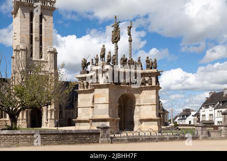 The monumental Calvary of Pleyben placed in front of the church of Saint-Germain is the most massive in all of Brittany. Stock Photo