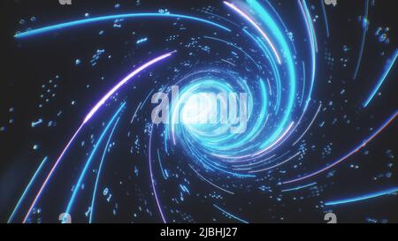 Flying inside digital tunnel. Futuristic background with neon rays Stock Photo