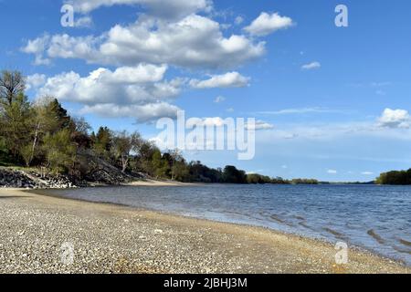 Tranquil riverbank with beach and trees under blue sky and white fluffy clouds in summer, Danube river near Komárno, between Slovakia and Hungary Stock Photo