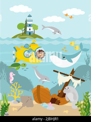 Underwater illustration with yellow submarine and cute sea animals Stock Vector