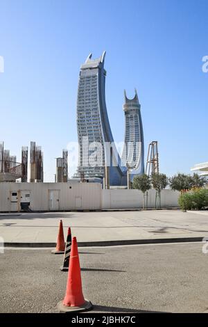 Katara Towers in Lusail, Doha, Qatar. It is a mega project under construction that will boast two luxury hotels, plus apartments and restaurants. Stock Photo