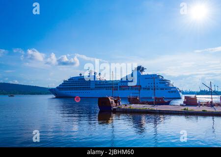 MV Seabourn Odyssey cruise ship leaves the port of Varna, Bulgaria.Black Sea coast Stock Photo