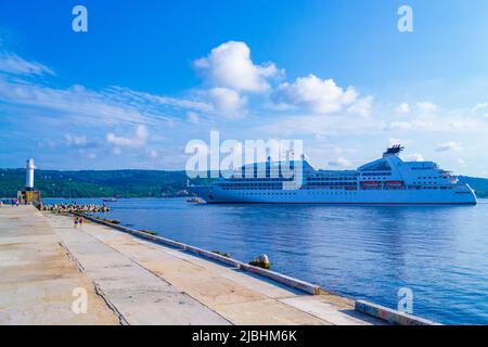 MV Seabourn Odyssey cruise ship leaves the port of Varna, Bulgaria.Black Sea coast Stock Photo