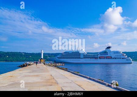 MV Seabourn Odyssey cruise ship leaves the port of Varna, Bulgaria.Black Sea coast Stock Photo